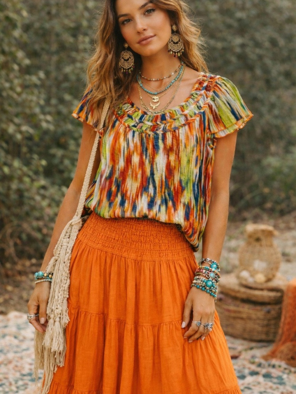 Kim Rogers Multicolor Brushstroke Ruffle Scoop Neck Top - Orange, Blue, Green